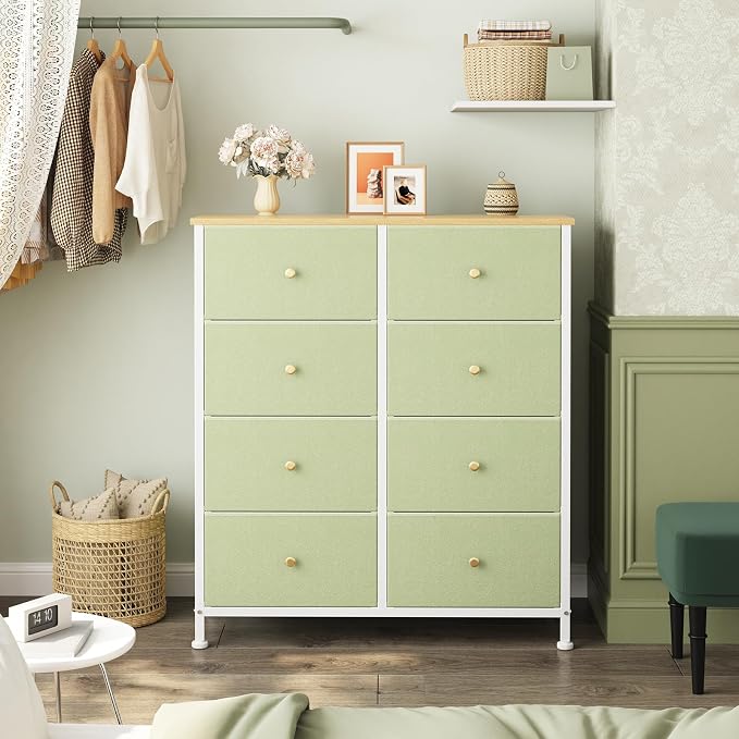 OLIXIS 8 Drawer Storage Dresser for Bedroom, Closet Organizers Units | Fabric Dresser with Wooden Top, Chest of Drawers Clothes Storage, Tower Cabinet, TV Stand Furniture, Light Green
