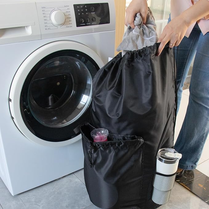 Extra Heavy-Duty Laundry Bag, Black,13.5x29" | Backpack, Large Capacity, Drawstring, Padded Shoulder Straps, 4 Pockets & ID Tag, For Dorm, College, Travel