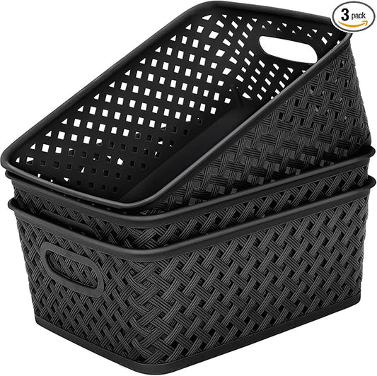 MaxGear Organization and Storage 3 Packs, Plastic Bins Organizer Bins, Woven Baskets for Storage, Plastic Baskets with Handles Black Basket for Organizing, Basket Organizer for Home and Office, Medium