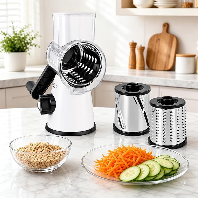 SUSTEAS Rotary Cheese Grater, Cheese Shredder with 3 Interchangeable Blades | Stainless Steel Kitchen Mandoline Vegetable Slicer , Stable Suction, Easy to Clean Grater Slicer for Vegetables, Nuts, White