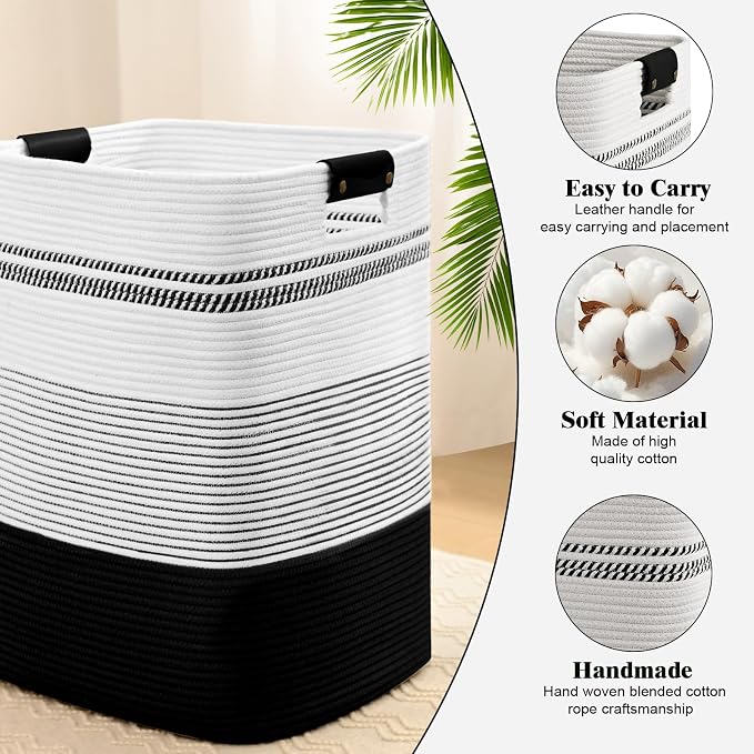 Laundry Hamper, 85L Tall Laundry Basket with Leather Handles, Rectangle Large Clothes Hamper for Organizing, Cotton Woven Laundry Baskets Storage Hampers for Bedroom, Nursery, Living Room