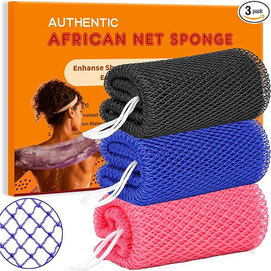 African Net Sponge Authentic Exfoliating Washcloth Body Back Scrubber 3 Pcs | 46 Inch Shower Loofah Exfoliating Bath Sponge for Women and Men Daily Use Body Care Travel Portable Accessories Spa Gifts