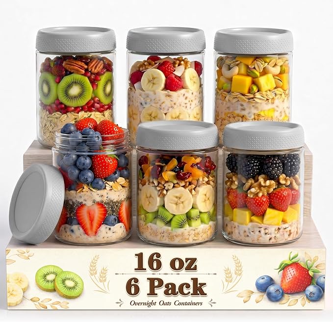 Mason Jars 16 oz with Lids, Yogurt Containers with Lids, Overnight Oats Jar | Parfait Cups with Lids for Oatmeal, Glass Jar with Lid for Storage, Food, Pudding, Sugar, Salad, Snack, Kitchen, Jam, Gray