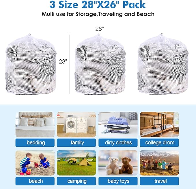 3 Pack XXL Mesh Laundry Bags for Delicates, Extra Large Laundry Wash Bags for Clothes,Bed Linen,Toys with Drawstring Closure Sturdy(3 XXLarge 28 x 26 Inches)
