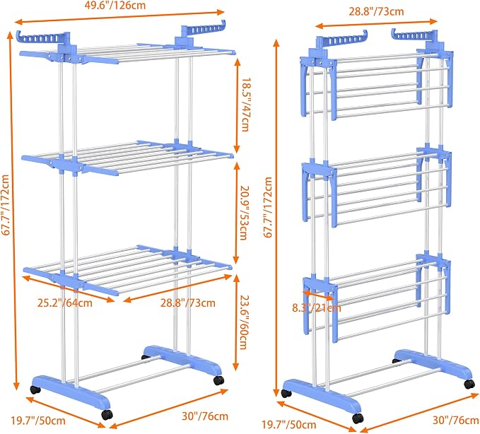 HOMIDEC Clothes Drying Rack, 4-Tier(67.7" H) Foldable Drying Rack Clothing | Foldable Stainless Steel Drying Rack, Movable Laundry Drying Rack with 4 Castors and 14 Hooks for Bed Linen, Clothing, Blue