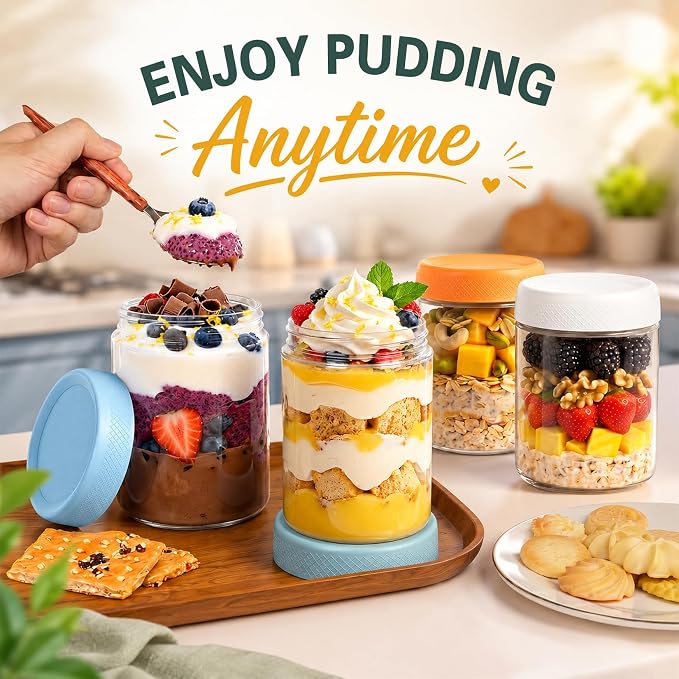 Overnight Oats Containers with Lids, Jars for Overnight Oats, Mason jar | Reusable Glass Jars, Parfait Cups with Lid for Yogurt, Chia, Pudding, Snack, Food, Spice, Breakfast, Salad, Sugar, Dressing