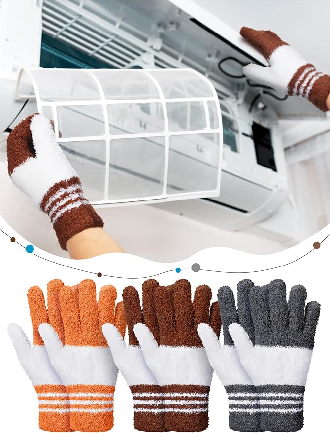 Patelai 3 Pairs Microfiber Plant Dusting Gloves Leaf Cleaning Gloves for Indoor Plants, Blinds, Furniture, House (Gray,Orange,Brown,Medium)