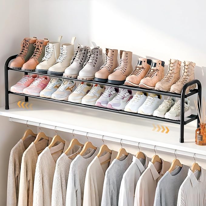 ENJOYBASICS 2 Tier Expandable Shoe Rack for Closet, Free Standing Metal Shoe Shelf Storage Organizer Holder 12 Pairs, Adjustable Width Shoe Rack for Entryway Small Space, Black