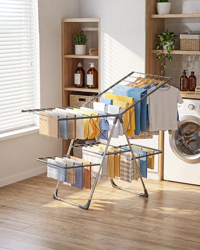 Sakugi Clothes Drying Rack, Foldable 2-Level with 55.5" Adjustable Wings | Laundry Room, Bedroom, Indoor & Outdoor Use, Height Adjustable, Clothing & Bedding, 55.5" L × 22.8" W, Gray