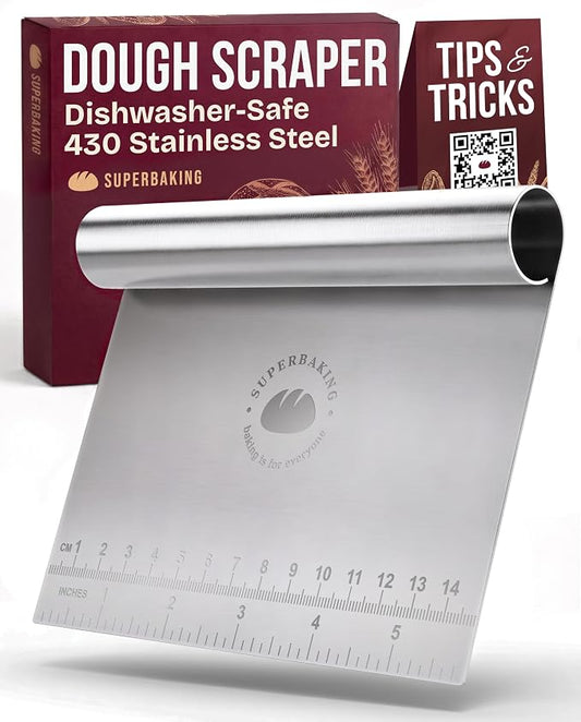 Superbaking Dough Scraper - 6" Wooden Bench Scraper - Dough Cutter with Ruler - Pastry & Cake Scraper - Kitchen Tools Sourdough Baking Supplies - Bread Making Tools & Accessories for Home Bakers