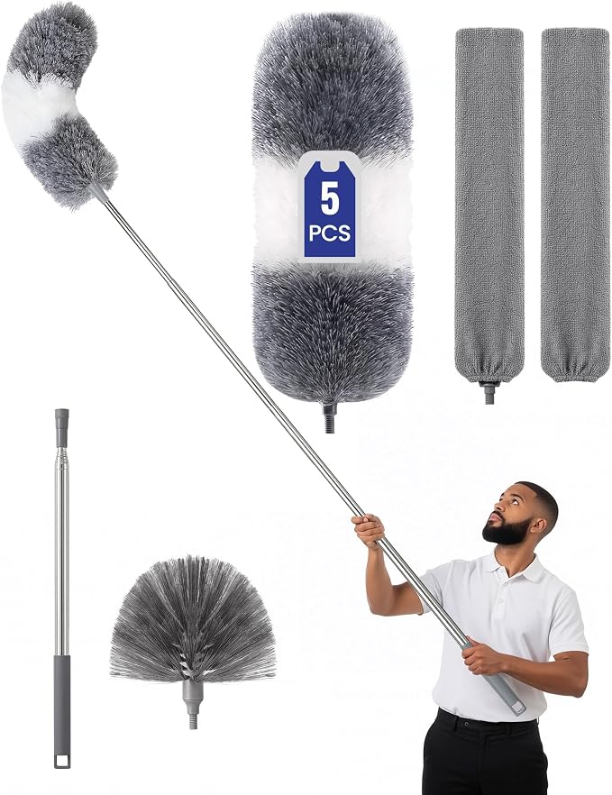 Extra-Long Dusters Kits with Extension Pole, 5 in 1 Cleaning Tools with Extendable Long Handle, Cobweb Duster, Microfiber Dusting Clothes for Gap, High Ceilings and Fans, Blinds, Cars and Furniture