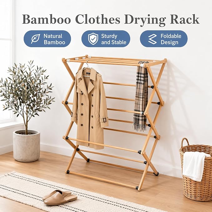 Foldable&Dismountable 3-Tier Bamboo Clothes Drying Rack, Multi-Tier Collapsible Laundry Hanger, Space Saving Garment Stand for Indoor Outdoor Balcony Bathroom. (Original, 28" D X 15" W X 39.3" H)