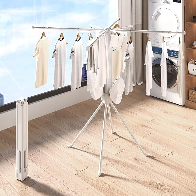 Multi-Functional 4-Leg Clothes Drying Rack, Large Capacity Foldable & Collapsible Laundry Rack, Portable Indoor Outdoor Drying Rack with Sock Clips & 4 Shoe Holders, Space Saving Stand