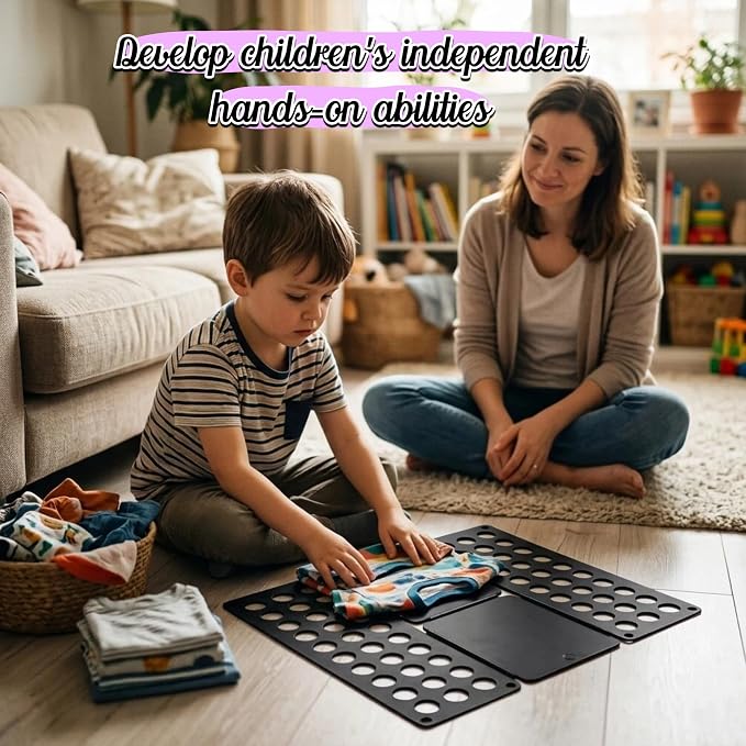 Mini Toddler Shirt Folding Board - Ages 1-7 Black, Builds Independence | great for Montessori laundry, lightweight PP, smooth rounded edges, quick & simple, develops confidence & skills, stores flat
