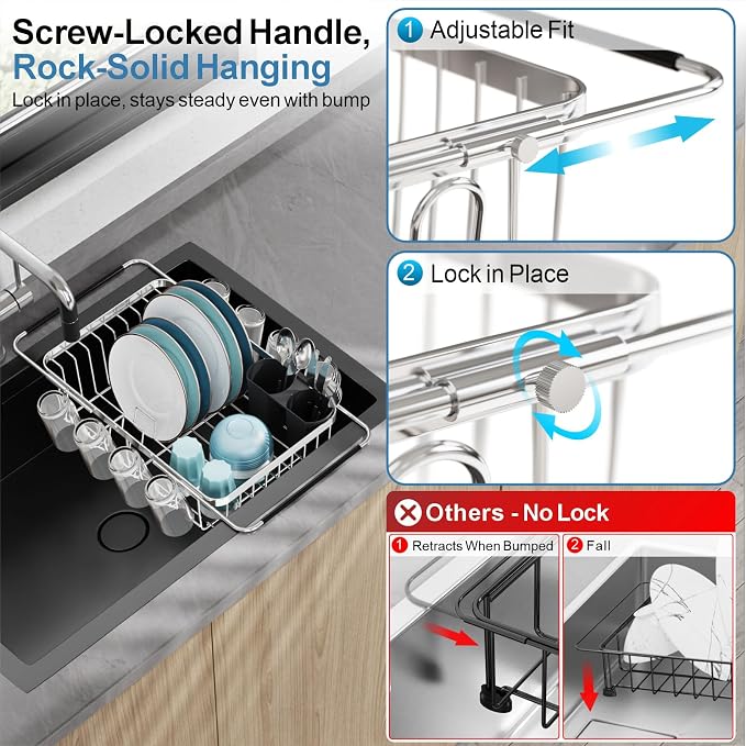 GSlife Dish Drying Rack Over the Sink with Twist-Lock Extendable Handle | Stainless Steel Dish Drainer with Cup Holder and Utensil Holder for Small Kitchen, Apartment, RV, Rustproof, Silver