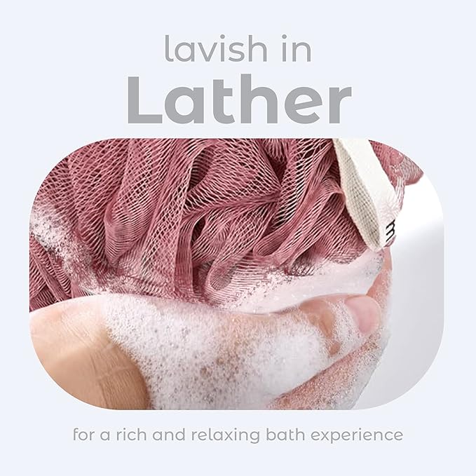 MainBasics Shower Loofah Sponge Pouf, Set of 3, Coral Reef | Soft Mesh Body Scrubber and Bath Sponge for Gentle Exfoliation, Rich Lather, and Everyday Shower Use