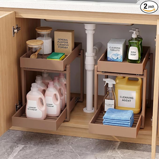 Bamboo Under Sink Organizer and Storage, 2 Pack Pull Out Cabinet Organization, 2 Tier Vertical Slide Out Undersink Storage Shelf, Multi-Purpose Organizer Shelves for Kitchen Bathroom Medicine