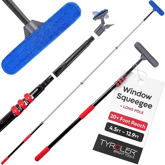 20 Feet High Reach Professional Window Squeegee with Extension Pole | 5-13ft Squeegee for Windows Cleaning | Outdoor Window Cleaner Tool, Windows Washing Kit with Extension Pole | Window Cleaning Kit