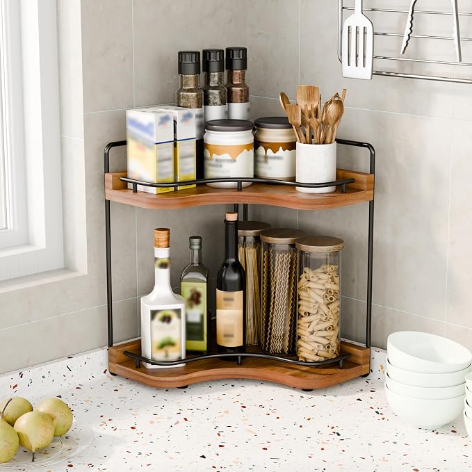 2-Tier Corner Bathroom Counter Organizer, Larger Size | Embedded Screw Holes, Sturdy & Stable, Oversized, Holds More, Vanity Shelf for Makeup & Skincare, Acacia wood-Brown