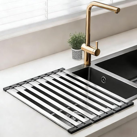 Over the Sink Kitchen Dish Drying Rack Organizer - Stainless Steel Collapsible Non-Slip Space-Saving [19.69 * 12.8IN] - Rust-Resistant Heat-Resistant Sturdy - Easy to Clean