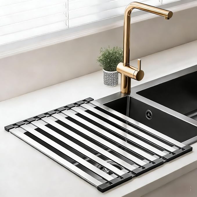 Over the Sink Kitchen Dish Drying Rack Organizer - Stainless Steel Collapsible Non-Slip Space-Saving [23.26 * 12.8IN] - Rust-Resistant Heat-Resistant Sturdy - Easy to Clean