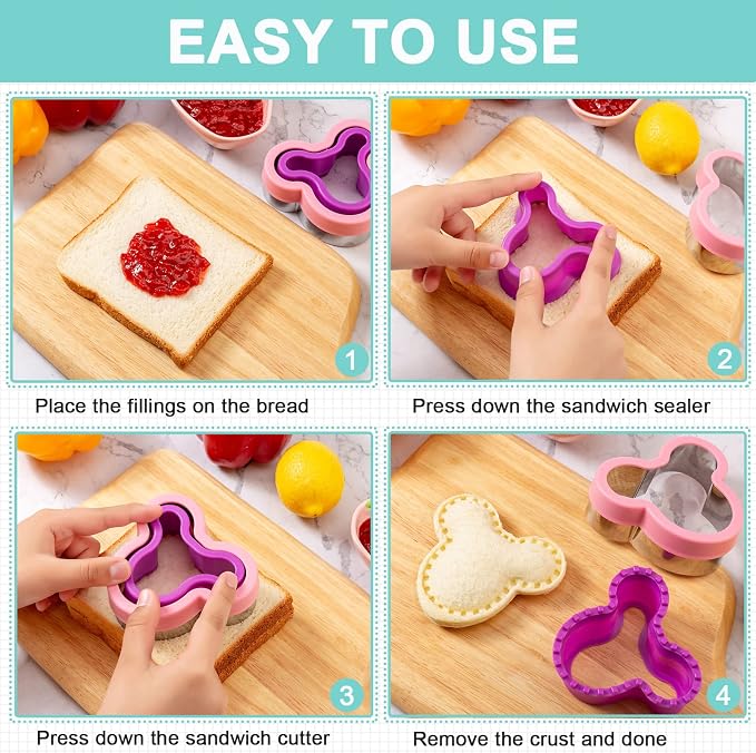 Nifogo Sandwich Cutter for Kids Lunch 48 Pcs (LARGE) | Sandwich Maker, Cookie Cutters and Sealer Set, Stainless Steel, Bread Decruster, Dinosaur Mickey Heart Shape for Boys Girls