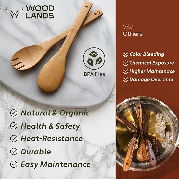 WOODLANDS USA Wooden Spoons for Cooking set of 6 – Premium Wooden Utensil set for everyday use – Versatile Cooking utensils set safe for nonstick pans – Durable wooden spoon kitchen utensils set