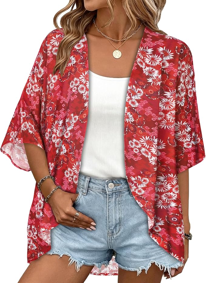 Women Kimono Cardigans Summer Cover Up Hawaiian Shirts Floral Print Tops | ROSEMIA chiffon kimono open front cardigans, beach cover ups, daily casual tops, cruise outfits, summer resort wear