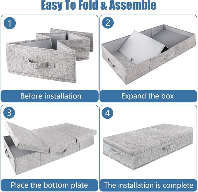Supowin Underbed Storage Containers Bin with Lids, Large Under Bed Storage Organizer Box with Handle, Foldable Under the Storage Bags for Organizing Clothes, Shoes, Blankets, Pillows