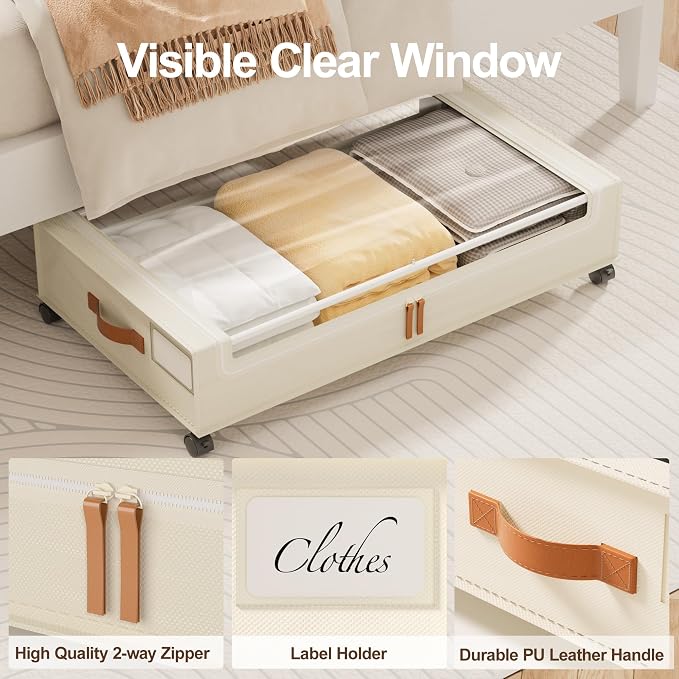 LAMU Under Bed Storage with Wheels, 2 Pack Under Bed Storage Containers with Clear Lid, XXL 60 L Underbed Storage Bins, Rolling Under Bed Metal Drawers for Clothes, Blankets, Shoes, Beige