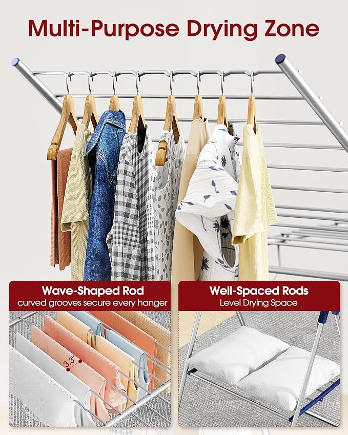 Sakugi Clothes Drying Rack, 55.5" Adjustable Wings, Foldable Design | Laundry Room, Bedroom, Outdoor & Indoor Use, Height Adjustable, Collapsible, Silver Blue, 55.5" L × 22.8" W