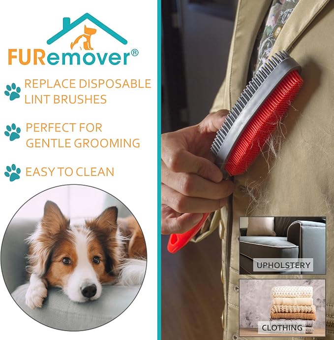 FURemover Duo Pet Hair Rubber Brush, Dual Sided to Easily Remove Fur and Lint from Clothing and Upholstery, Thick Bristles Groom Dogs and Cats, Easy to Clean, Colors May Vary
