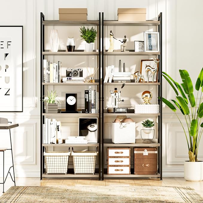 NUMENN Bookshelf, 6 Tier Freestanding Shelving Unit, Grey | Metal Frame & Wood Shelves, Falling Prevention Baffle, Open Storage Bookcase for Bedroom, Living Room & Home Office