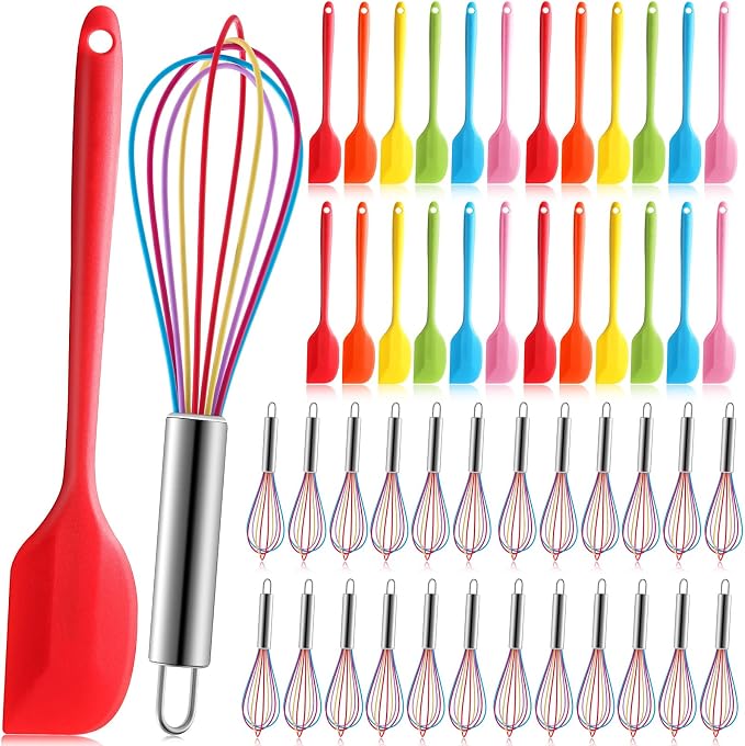 Baderke 48 Pcs Small Silicone Spatula and Whisks Set Bulk for Cooking Mini Whisk Spatula Non Stick Flexible Kitchen Mixing BakingTool Cookware for Cooking Party Favor Gift Supplies (8 Inch)