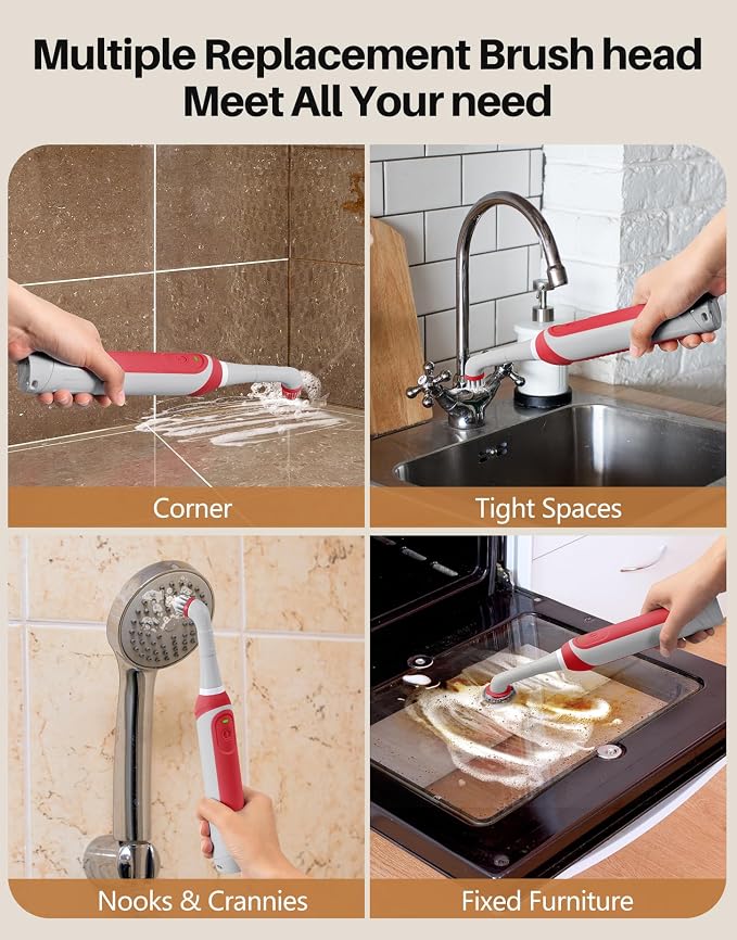 kHelfer Rechargeable Electric Grout Brush, IPX7 Waterproof & Stainless Steel Wire Power Brush, Cordless Cleaning Brush & 5 Replacement Heads for Tile Grout Crevice