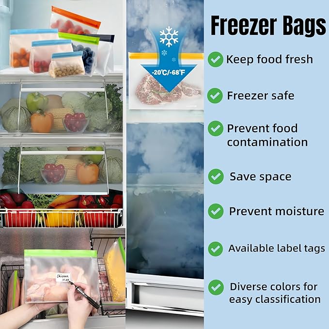 PABCK 10Pcs Reusable Silicone Freezer Bags 5Green+5Orange 9.8x7.3+2.76 inch | Stand Up Freezer Food Bags Leakproof Resealable Produce Bag for Sandwich Smell Proof Fridge Organization for Lunch Travel