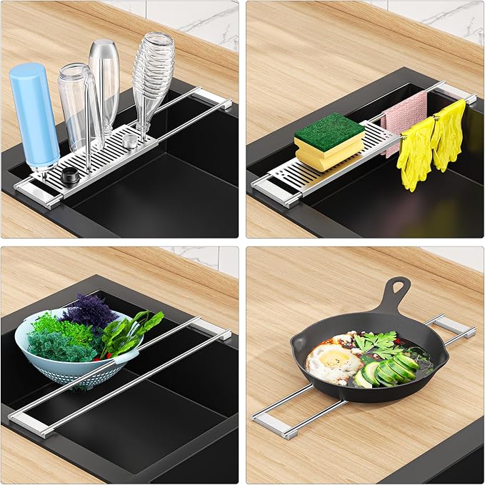 Expandable Over Sink Water Bottle Drying Rack with Dish Cloth Holder, Metal Kitchen Cup Drying Rack, Space-Saving Sink Drainer for Baby Bottles, Bottles, Dish Rags, Gloves & Reusable Bags (Silver)