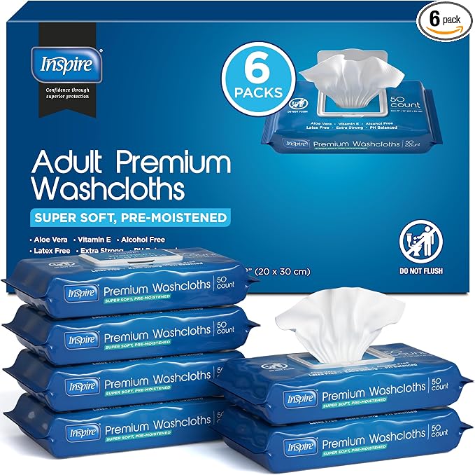 Inspire Adult Wet Wipes, Wash Cloths, Incontinence & Cleansing for Elderly Extra Large, 8"x12" (300 count)