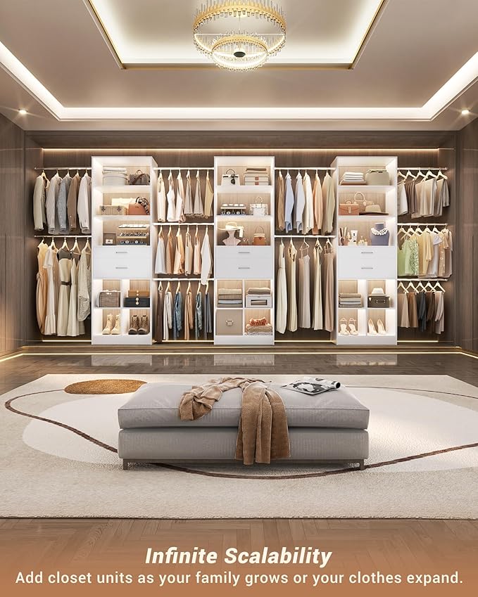 Besiost Small Closet System, 3.2-6.8FT Small Closet Organizer with 2 Wooden Drawers & 5 Hanging Rods, Can Fit 37.5 to 81.9 inch Walk-in Closet System, Built-in, White, Enclosed Storage Volume 2.32 ft³