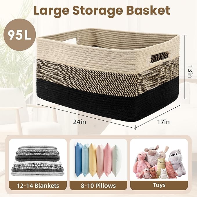 Optish 95L Large Blanket Basket, Woven Storage Baskets with Reinforced Handles, Rope Laundry Basket for Living Room, Bedroom, Nursery, Toys, Clothes,Pillows, 24” x 17” x 13.5”, Black & Brown