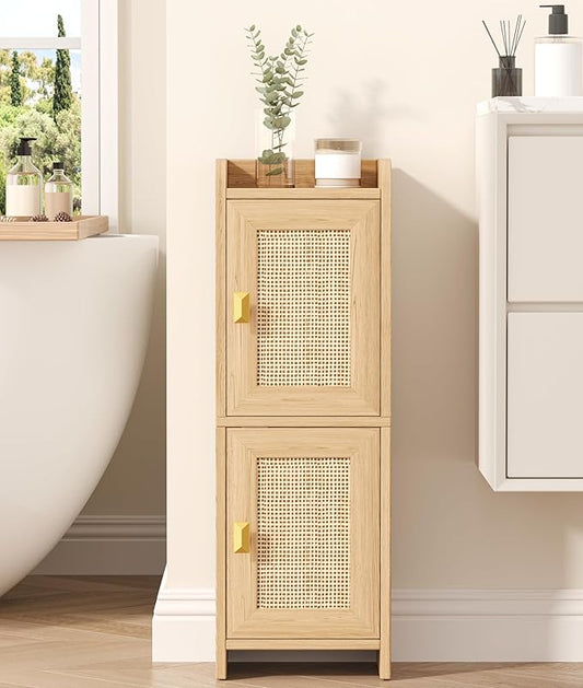 Akxomel Rattan Small Bathroom Cabinet Narrow Toilet Paper Organizer Oak | 7.9''D x 9.8''W Bathroom Organizer and Storage Cabinet for Small Space, Slim Corner Unit with Adjustable Shelf