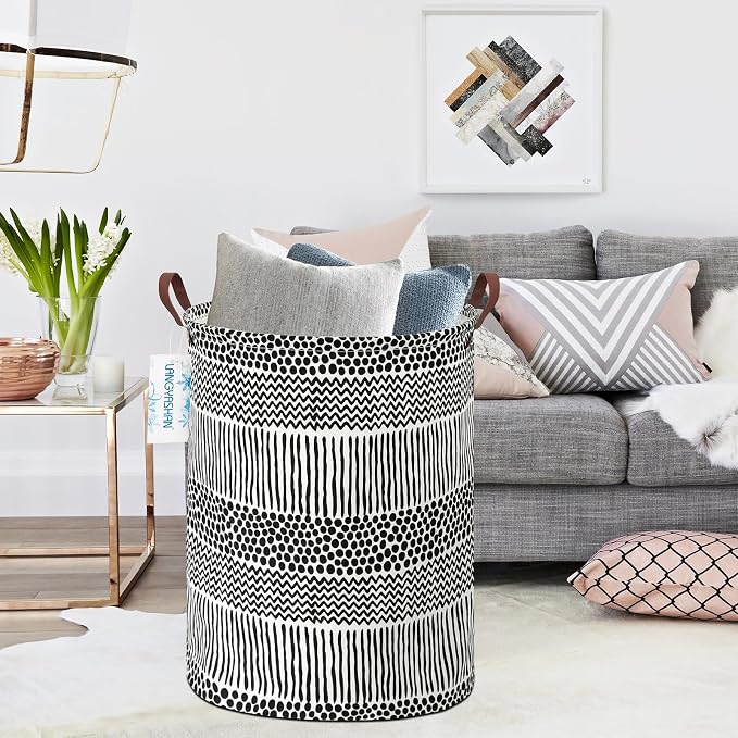 Round Laundry Basket Collapsible Storage Hamper Organizer Black Line | Waterproof Canvas Foldable Baskets with sturdy Handles Multi-scene Organizer for Home Play Bedroom Gift Bin