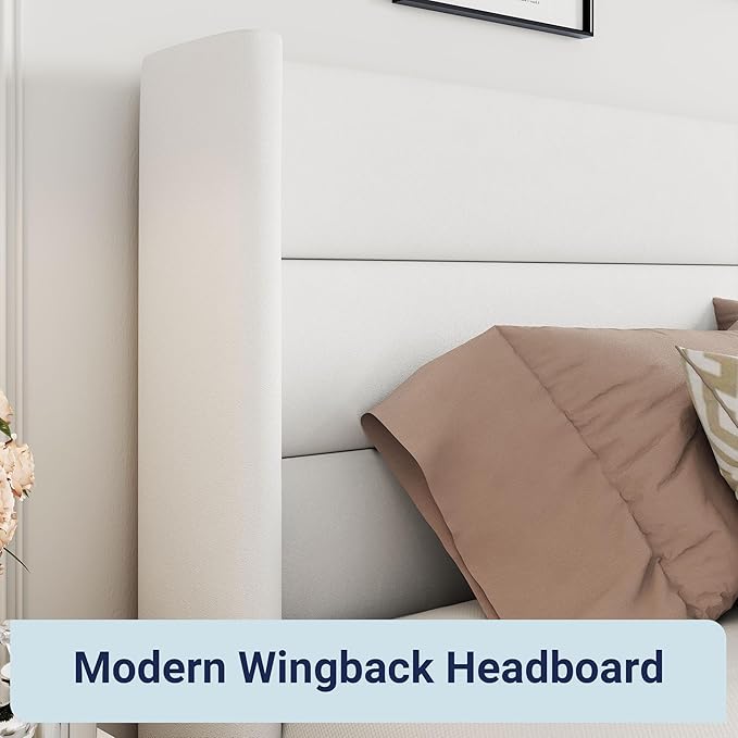 Allewie Full Size Lift Up Hydraulic Storage Bed Frame White | Modern Wingback Headboard, Hydraulic Support Storage, No Box Spring Needed