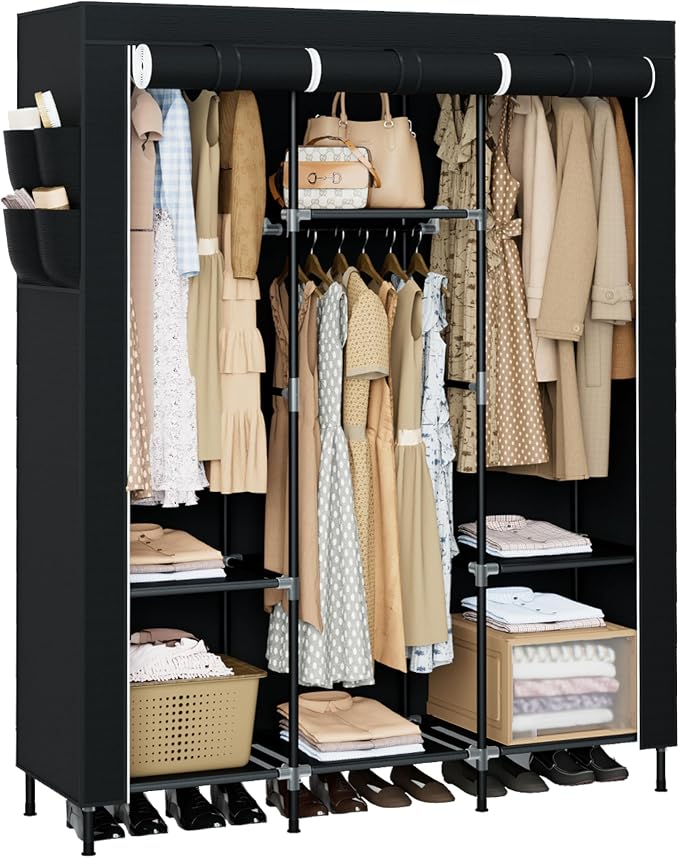 CASAMAYA Portable Closet, 51.2 Inch Large Capacity Wardrobe Closet with Cover, Clothes Storage Organizer with Shelves and 3 Hanging Rods, Easy to Assembly, Black PCT203B01