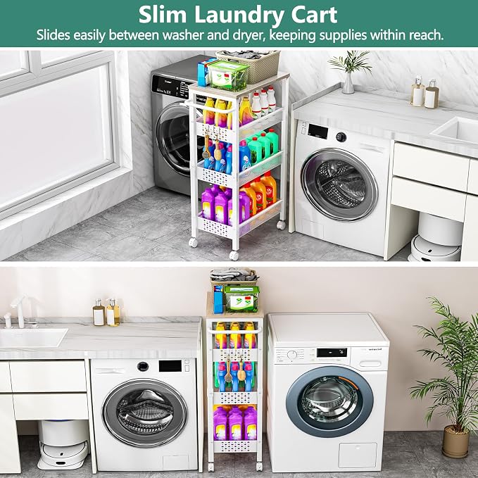 Vivihomety 4-Tier Laundry Utility Rolling Cart with Wheels, Kitchen & Bath | Narrow 8.1" wide, lockable wheels, wood top panel, metal frame, for laundry room, small spaces, pantry, tight gaps, White