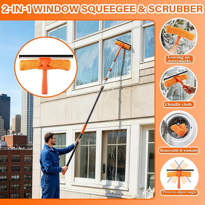 26FT High Ceiling Duster with Extension Pole,High Reach Duster Cleaning Kit | Ceiling Fan Cleaner Duster, Cobweb Dusters & Window Cleaning Squeegee Kit for Fan Blades, Furniture, Corner, Long Dusters