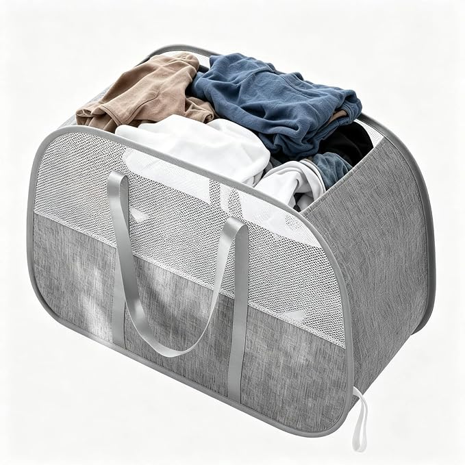 95L Collapsible Laundry Basket, Dirty Clothes Hamper | Foldable Laundry Hamper with Handles, Breathable Mesh Design, Sturdy Steel Frame, For Bedroom, Dorm, Bathroom