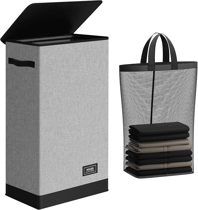 SOLEDI Slim Laundry Hamper with Lid, Narrow Laundry Basket with Removable Bags, Dirty Clothes Hamper with handle, Small Hamper perfect for Laundry room, Bathroom, Bedroom, Small spaces. 70L Grey