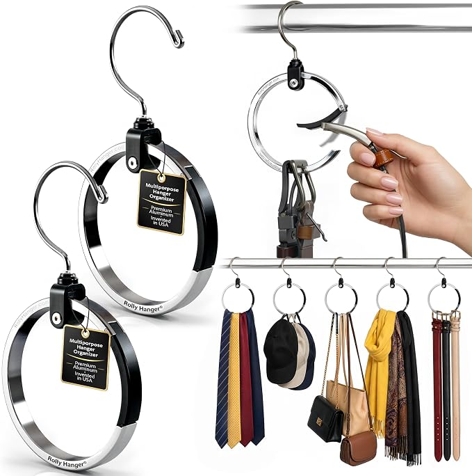 Rolly Hanger® Premium Closet Organizer, Rotating Aluminum Ring Hanger with 360° Swivel Hook, Space Saving Accessory Holder for Belts, Ties, Hats, Scarves, Purses & Handbags | Closet Organizer (2 Pack)