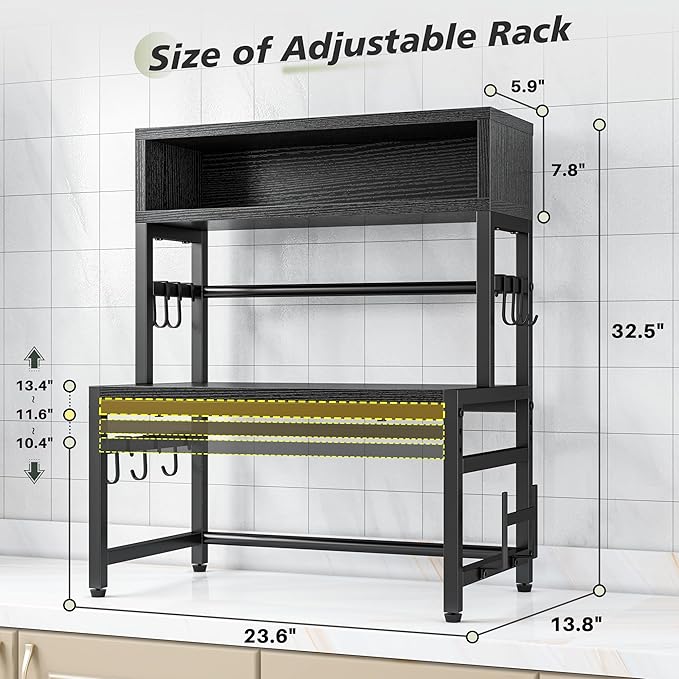 EnHomee 4-Tier Microwave Stand for Kitchen Storage, Black | 205 lb Capacity, Adjustable Kitchen Shelves with 9 Hooks & Cutting Board Rack
